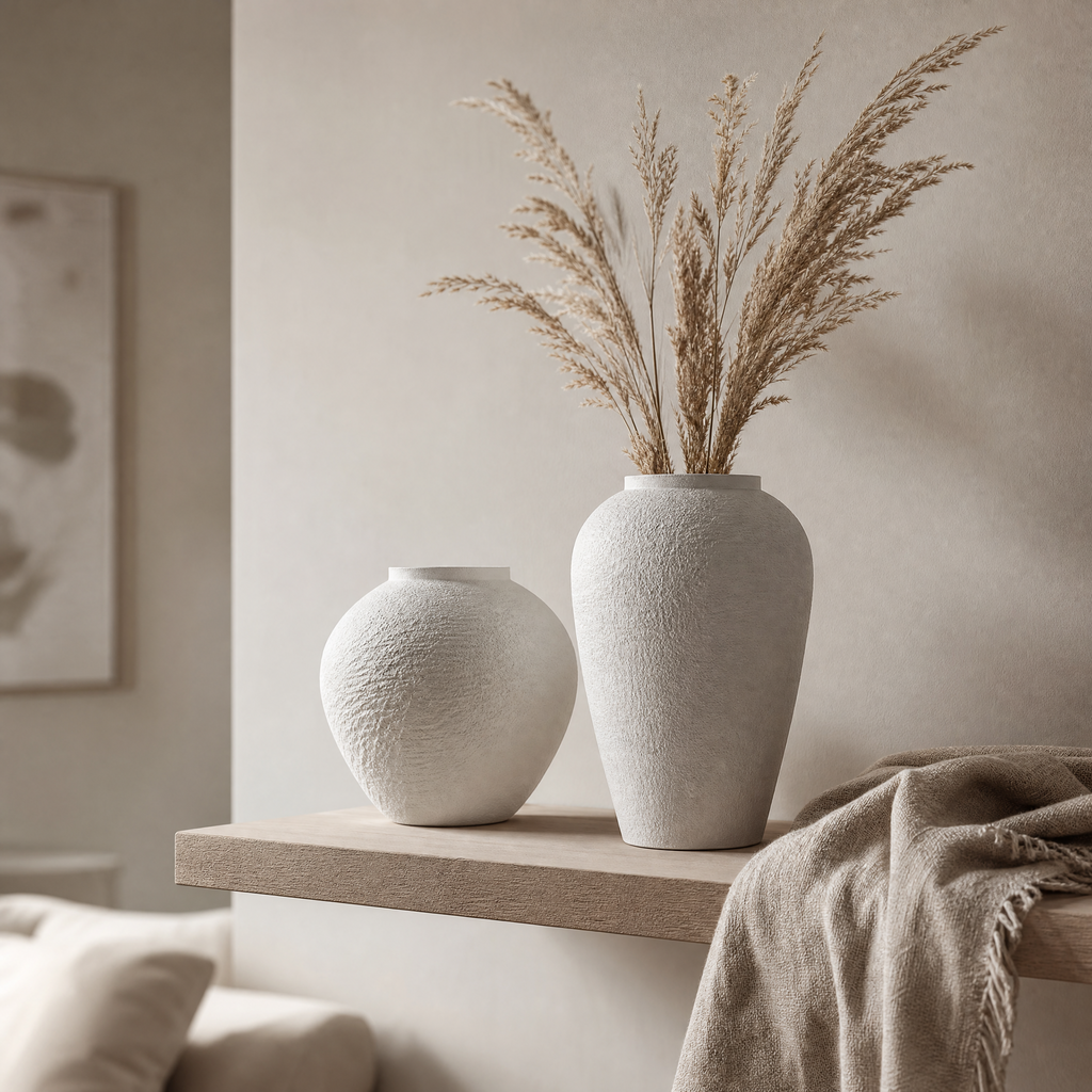 Matte ceramic vases styled on a floating shelf with linen and dried pampas grass