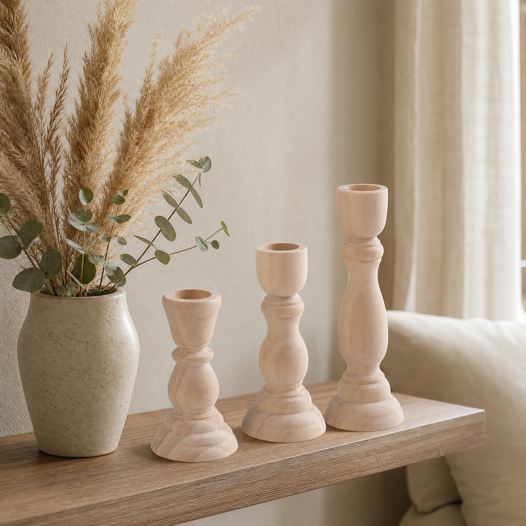 Beechwood candlesticks styled on a shelf with dried pampas grass and eucalyptus in a warm wabi-sabi living room