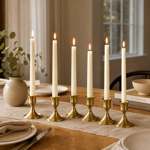 Row of brass gold taper candle holders with lit candles styled as a dinner table centerpiece