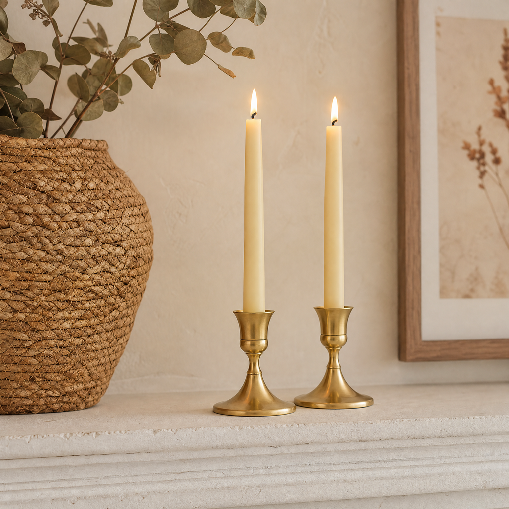 Pair of brass gold candle holders with lit taper candles on a mantel with a woven basket and dried eucalyptus