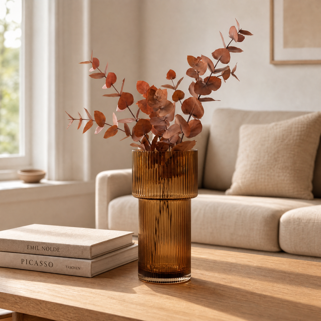 Amber ribbed glass Nora vase with dried eucalyptus on an oak coffee table in a warm living room