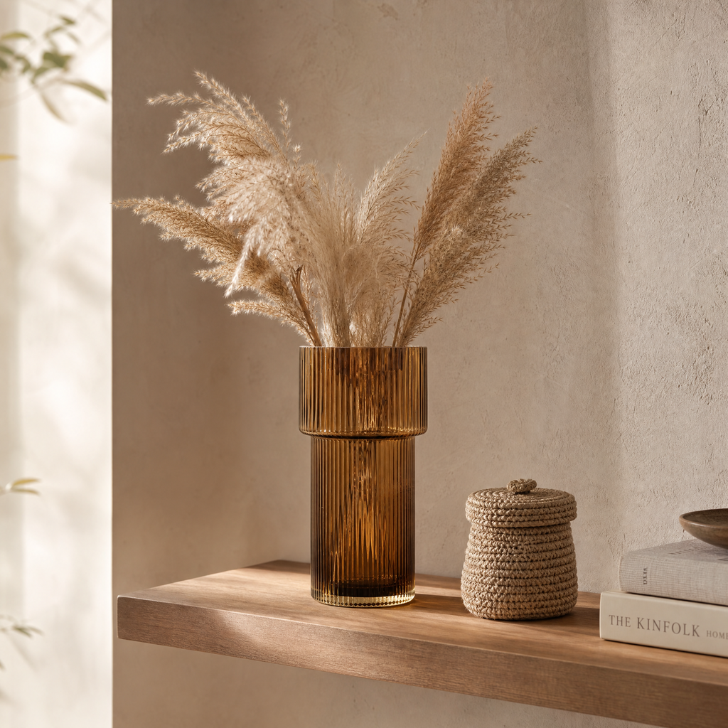 Amber ribbed glass Nora vase styled on a floating shelf with dried pampas grass and a woven basket