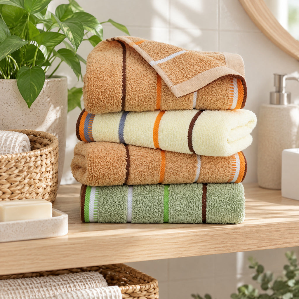 Striped cotton hand towels Oľga in sage green, cream yellow and camel stacked on a shelf in a calm Scandinavian bathroom