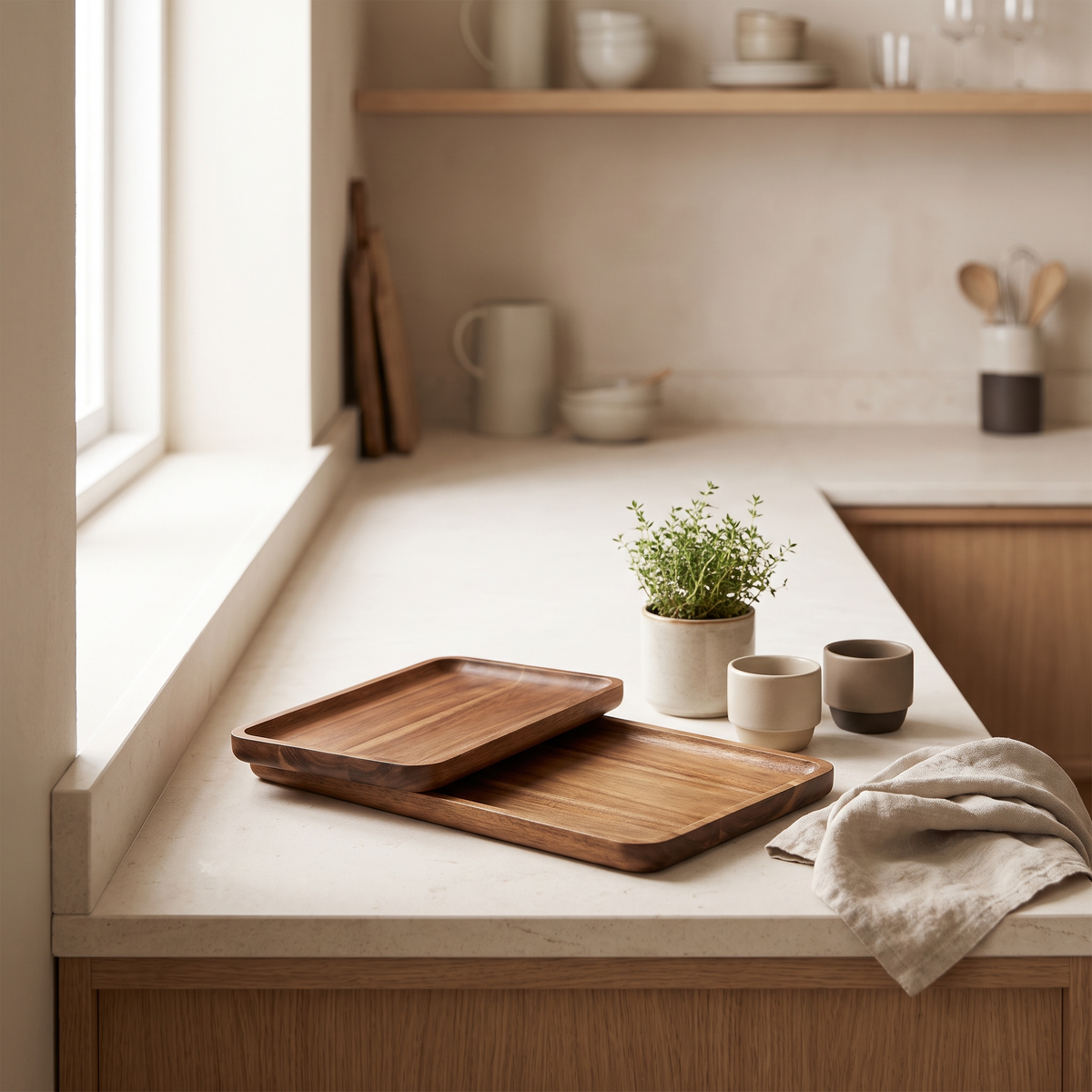 Small and Big Wooden Tray Oliver together on a kitchen countertop