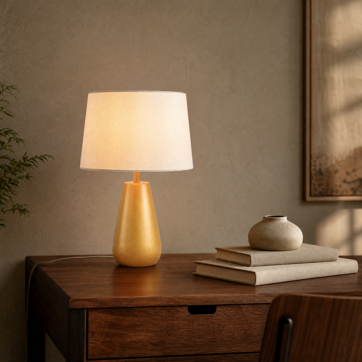 Desk Lamp Ondrej in golden-mustard finish with cream fabric drum shade, styled on a walnut desk