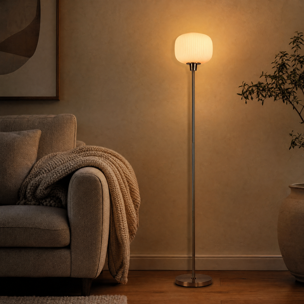 Floor Lamp Patrik with ribbed white glass globe shade, styled in a warm moody living room corner