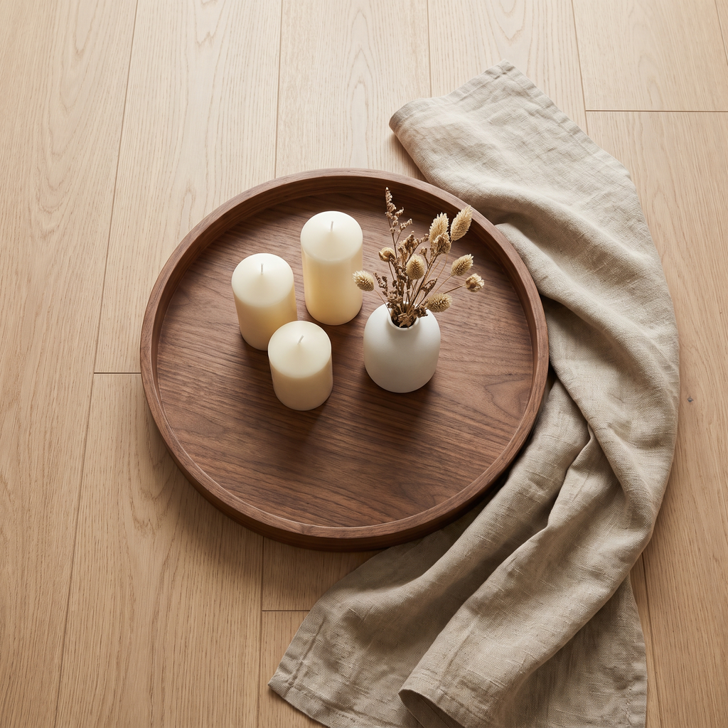 Top-down view of Round Tray Dávid with pillar candles and a linen runner