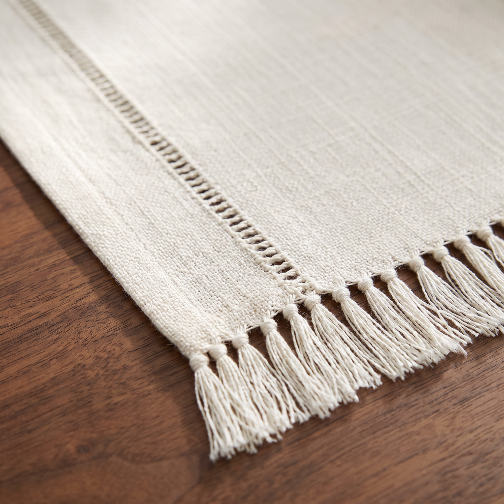 Close up of Lipa table runner hemstitch border and fringe detail