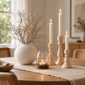 Tablescape Set styled together on a dining table with a ceramic vase, glass candle holder, and taper candlesticks