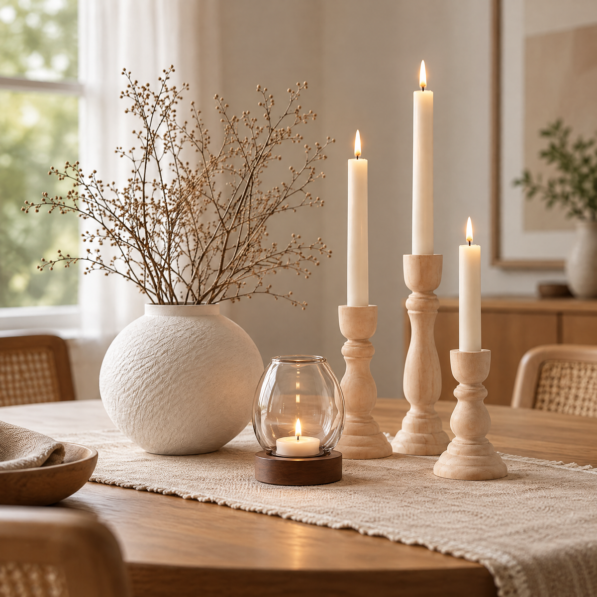 Tablescape Set styled together on a dining table with a ceramic vase, glass candle holder, and taper candlesticks