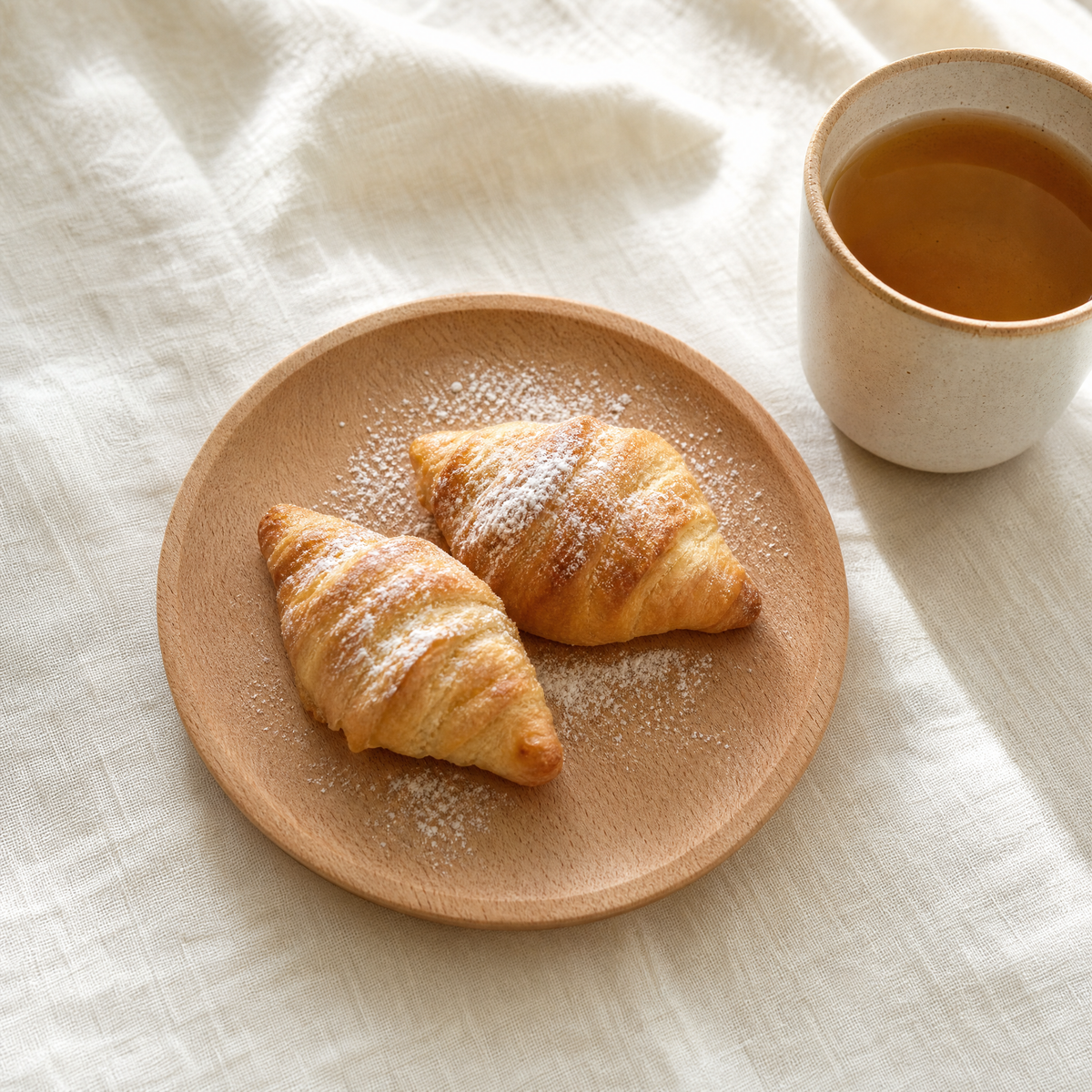 Veronika dessert plate styled with pastries and tea, round beech wood plate