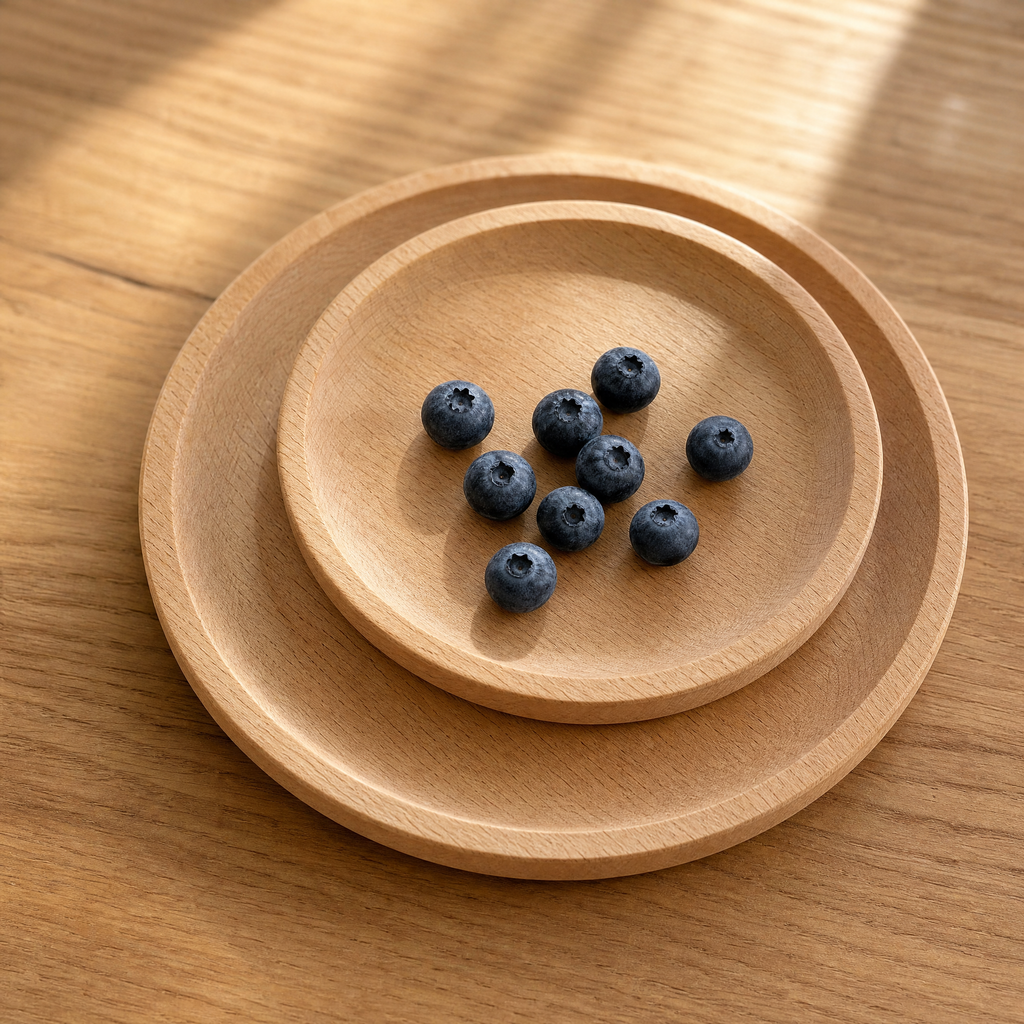 Veronika dessert plates shown in three graduated sizes, stacked with berries