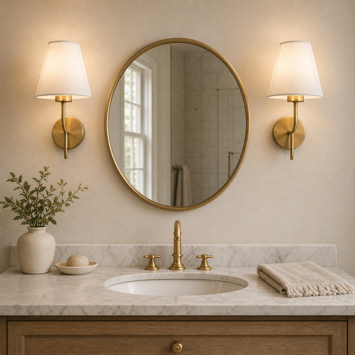 Wall Sconce Vladimír — pair of gold sconces in bathroom