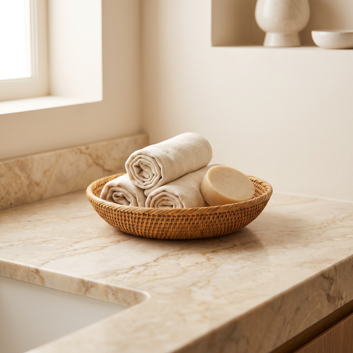 Wicker Basket Bruno, Small, styled on a bathroom counter