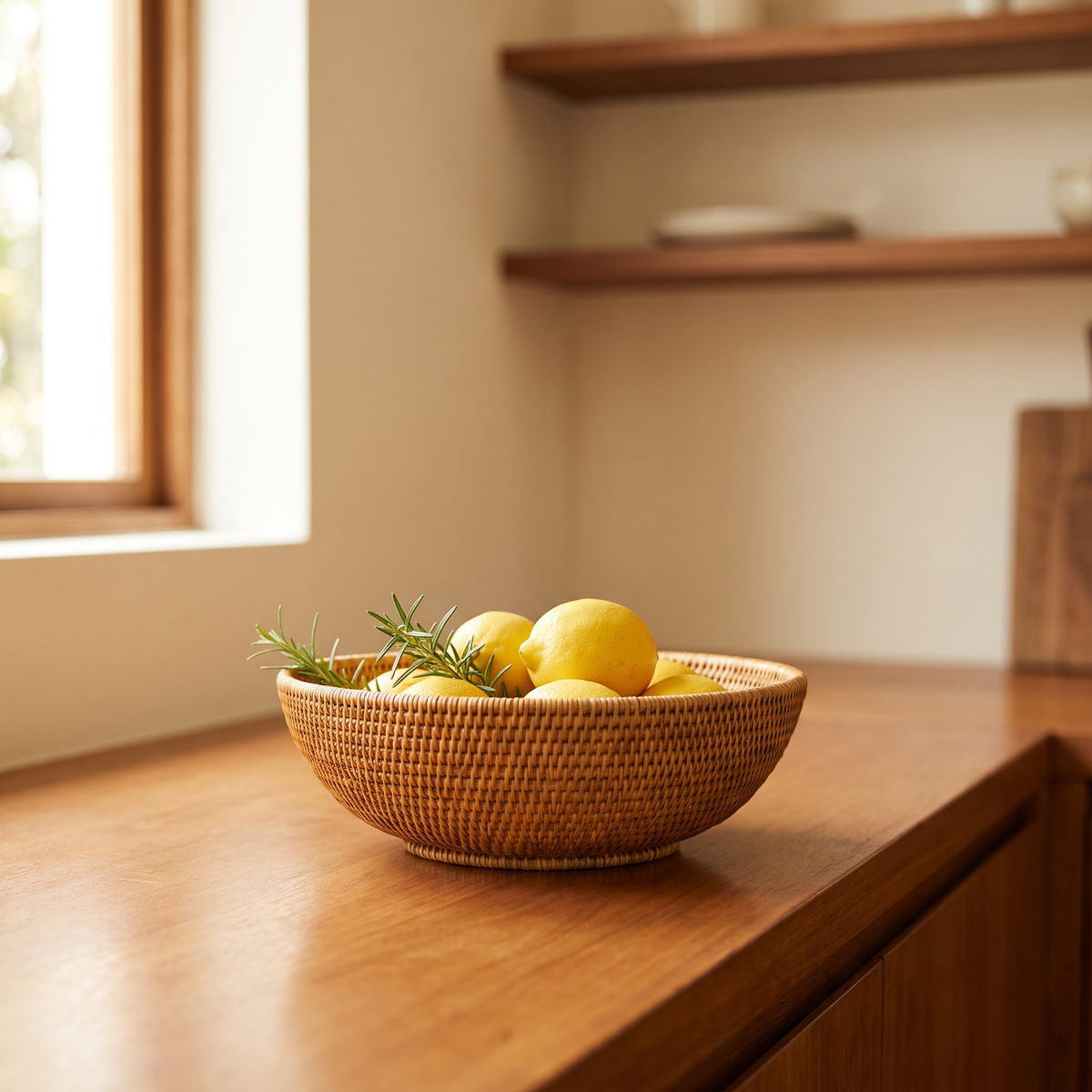 Wicker Basket Bruno, Medium, holding lemons on a kitchen counter