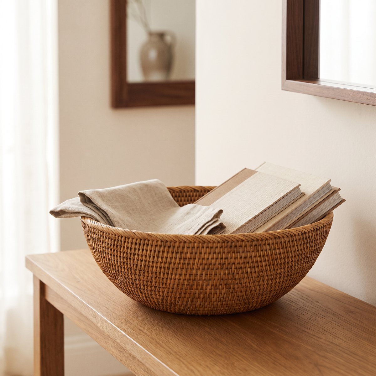 Wicker Basket Bruno, Large, holding linens and books on a console table