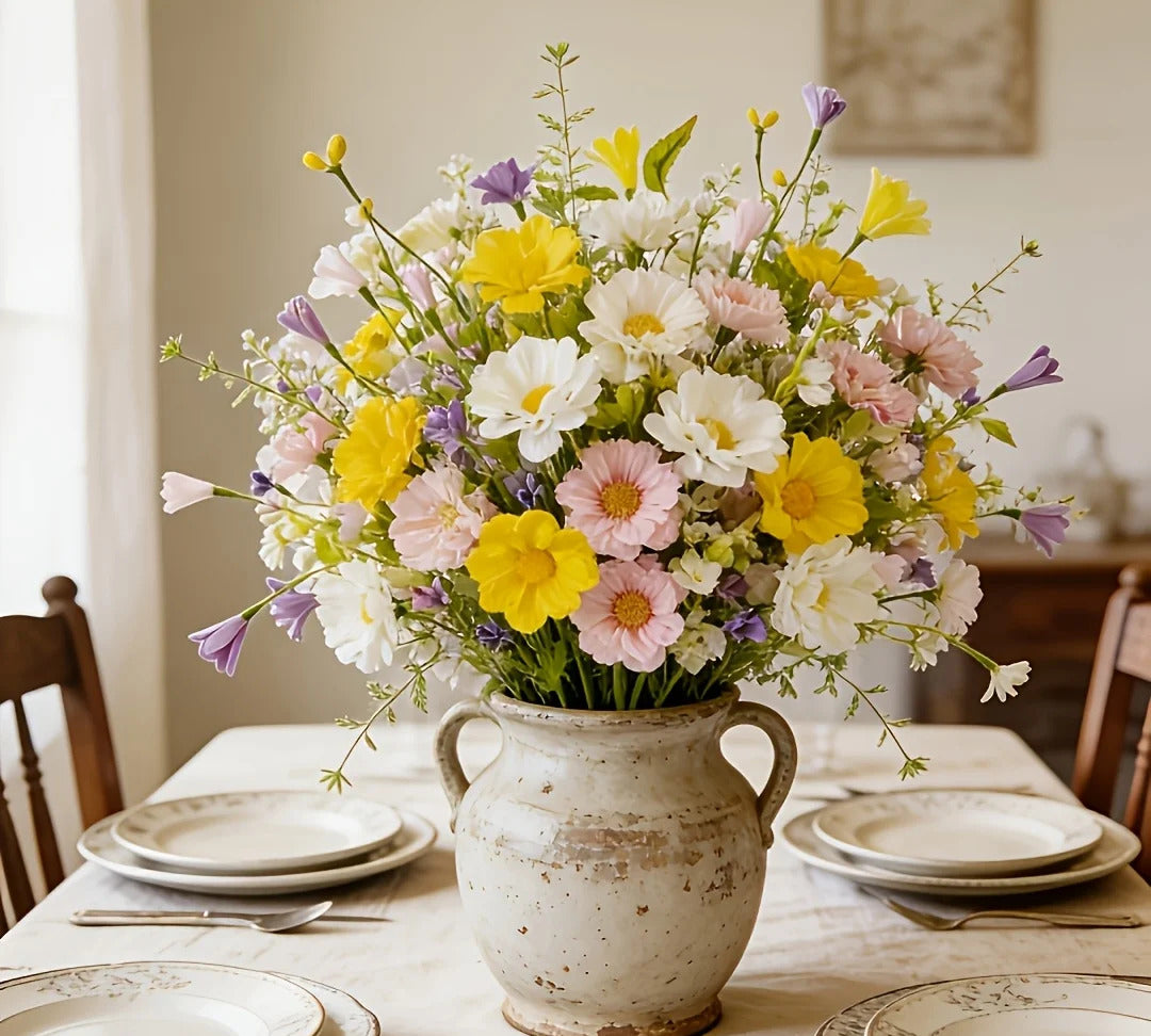 Wildflower mix in a stone jug on a dining table