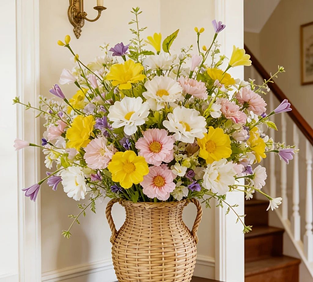 Wildflower sprays in a woven vase by a staircase