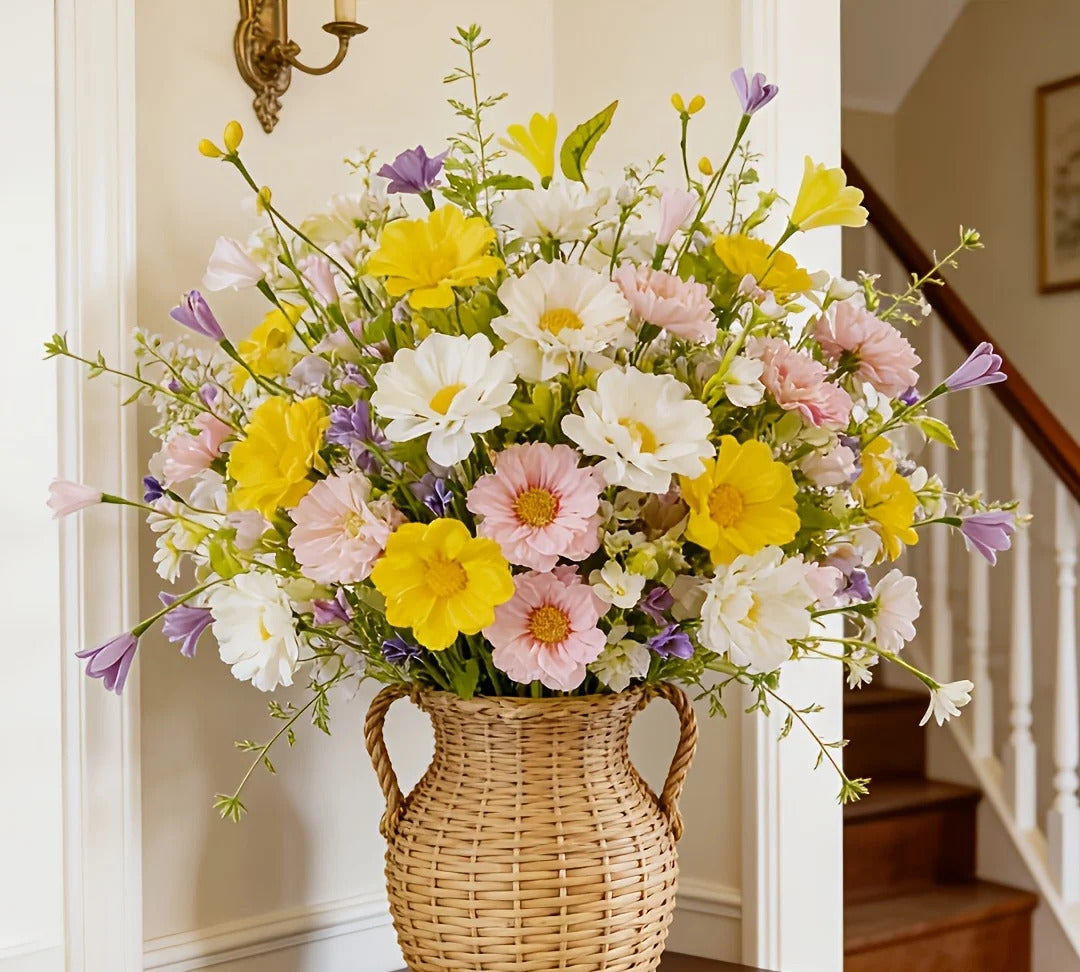 Wildflower sprays in a woven vase by a staircase